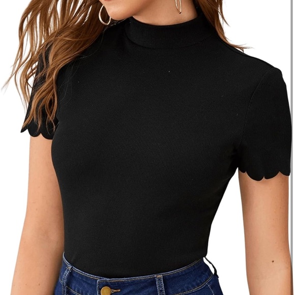 Black Scallop Trim mockneck Top - Picture 3 of 6